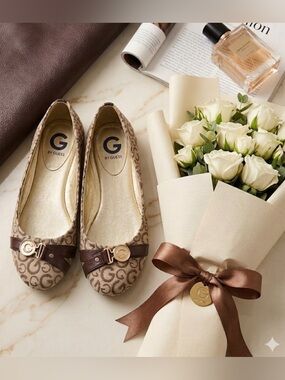 G by Guess Tan Logo Ballet Flats with Gold Accent